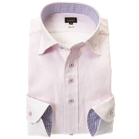 国産長袖 綿100％ ドレスシャツ スリムフィット ワイドカラー ピンク ジャガード織柄 幾何柄 24FA