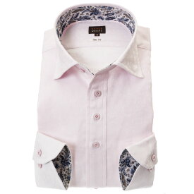 国産長袖 綿100％ ドレスシャツ ワイドカラー スリムフィット ピンク ジャガード織 花柄 花壇 フラワーガーデン 胸ポケット有 24FA
