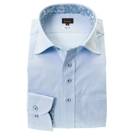 国産長袖綿100％ドレスシャツ　スリムフィット　ワイドカラー　ジャガード　シャワードット　スカイブルー 胸ポケット有 2404ft 24FA