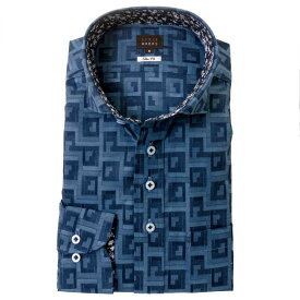 国産長袖綿100％ドレスシャツ　スリムフィット　セミワイド ジャガード織 雷紋 幾何柄 ブロック 迷路 胸ポケット有 24FA