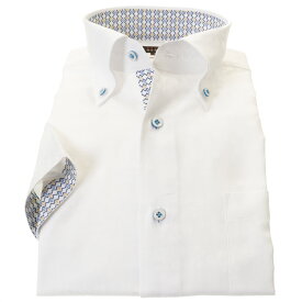 国産 半袖 ドレスシャツ 綿100% スリムフィット ボタンダウン ホワイト ジャガード織 幾何柄 化学式 胞子柄メンズ