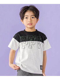BeBe Petits Pois Vert バイカラーBIGロゴプリント天竺半袖Tシャツ(95~160cm) ベベ オンライン ストア トップス カットソー・Tシャツ グレー ブルー【送料無料】