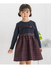 BeBe Petits Pois Vert 【店舗限定】リブ+チェックドッキング長袖ワンピース(95~150cm) ベベ オンライン ストア ワンピース・ドレス ワンピース グレー ネイビー【送料無料】