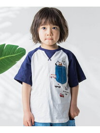SLAP SLIP デニムポケット付きはたらくくるま刺しゅうラグランスリーブ半袖Tシャツ(80~120cm) ベベ オンライン ストア トップス カットソー・Tシャツ ネイビー レッド