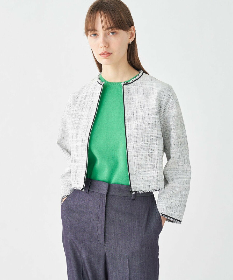 【SALE/66%OFF】Ballsey ロングスラブツイード クルーネックジャケット トゥモローランド ジャケット・アウター ノーカラージャケット ネイビー ホワイト【送料無料】 - メイン画像 5