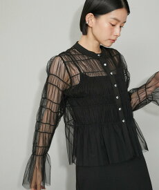 【SALE／30%OFF】ADAM ET ROPE' FEMME 【WEB限定】ギャザーチュールカーディガン アダムエロペ トップス カーディガン ブラック グレー ベージュ【送料無料】