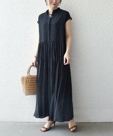 SHIPS any 《追加予約》SHIPS any:＜手洗い可能＞ドット バンドカラー フレンチ プリーツ ロング ワンピース シップス ワンピース・ドレス ワンピース ブラック ネイビー【送料無料】