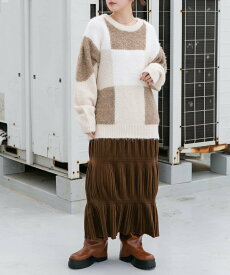 【SALE／50%OFF】KBF ブロックチェックニット ケービーエフ トップス ニット グレー ベージュ ホワイト【送料無料】