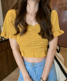 【SALE／75%OFF】Jasmine Grandiflorum Jasmine Grandiflorum/(W)【Jasmine】スクエアネック半袖ニットギャザートップス アイモハ トップス ニット ピンク グリーン ホワイト ブラック レッド イエロー