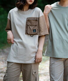 S'more S'more/2WAY REMOVABLE POCKET COTTON CREW NECK BIG S/S T-SHIRT アイモハ トップス カットソー・Tシャツ ブラウン グリーン【送料無料】