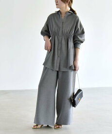 quaranciel quaranciel:＜洗濯機可能＞ギャザー シャツ & イージー パンツ セットアップ シップス オールインワン・オーバーオール その他のオールインワン・オーバーオール ネイビー グレー【送料無料】