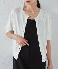 【SALE／25%OFF】Ranan Ranan/(W)【洗える・ひんやり】ゴールド調ボタン5分袖ニットカーデ ラナン トップス カーディガン ブラック ホワイト グレー ネイビー【送料無料】