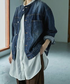 【SALE／5%OFF】FashionLetter ノーカラーデニムジャケット ビーフラット ジャケット・アウター デニムジャケット ネイビー ブルー【送料無料】