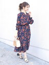 SHIPS WOMEN フラワープリントロングスリーブVネックワンピース◇ シップス ワンピース 長袖ワンピース ブルー ホワイト ブラック ブラウン【送料無料...