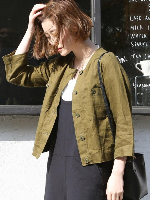 Coen フレンチリネンノーカラージャケット スプリングコート