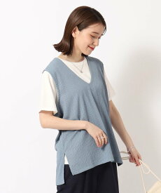 【SALE／10%OFF】SHOO・LA・RUE 【洗える/2点セット】ポコポコVネックベスト+Tシャツ シューラルー トップス アンサンブル グレー ブラック グリーン ブルー