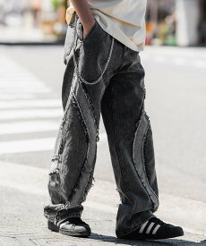 【SALE／40%OFF】improves フリンジ切替デザイン ワイドデニムパンツ インプローブス パンツ ジーンズ・デニムパンツ ブルー ブラック【送料無料】