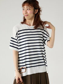 【SALE／60%OFF】Lugnoncure 【接触冷感】無地/ボーダー半袖ニット テチチ トップス ニット ベージュ ネイビー グリーン ホワイト ブラック