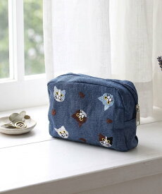 colleca la ねこ柄刺繍ポーチ コレカラ 財布・ポーチ・ケース その他の財布・ポーチ・ケース ブルー ホワイト パープル