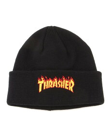THRASHER (U)THRASHER/THRASHER FLAME LOGO ショートビーニー ジャックローズ 帽子 ニット帽・ビーニー ブラック