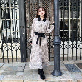 CECIL McBEE バイアス柄クレリックシャツワンピース セシルマクビー ワンピース・ドレス ワンピース ブラウン ベージュ グリーン【送料無料】