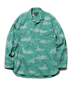 �ySALE�^60%OFF�zBEAMS PLUS WORK Classic-fit Denim Discharge Jouy Print �r�[���X �A�E�g���b�g �g�b�v�X �V���c�E�u���E�X �O���[�� �l�C�r�[�y���������z