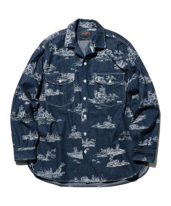 �ySALE�^60%OFF�zBEAMS PLUS WORK Classic-fit Denim Discharge Jouy Print �r�[���X �A�E�g���b�g �g�b�v�X �V���c�E�u���E�X �O���[�� �l�C�r�[�y���������z