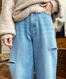 moment+ ヘビーツイル&デニムダメージストレートパンツ モーメントプラス パンツ ジーンズ・デニムパンツ ブルー ホワイト ブラック