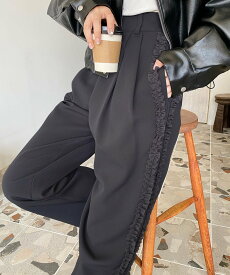 moment+ TPUカットジョーゼットチュールサイドフリルパンツ モーメントプラス パンツ その他のパンツ グレー ブラック ホワイト【送料無料】