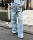 【XSサイズあり/ウエスト調整可能】ビジュー付きワイドデニム