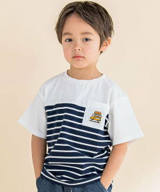 Noeil aime BeBe ボーダー切り替えキッチンカーポケットTシャツ(80~130cm) ベベ オンライン ストア トップス カットソー・Tシャツ ネイビー グリーン【送料無料】