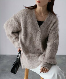 【SALE／58%OFF】Riberry シャギーVネックニットカーディガン リベリー トップス カーディガン グリーン グレー ブラック レッド ホワイト ブルー ベージュ ブラウン ピンク オレンジ