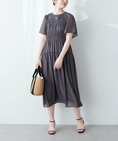 natural couture 変形シャーリングフレアスリーブワンピース ナチュラルクチュール ワンピース・ドレス その他のワンピース・ドレス レッド グレー ブルー ピンク【送料無料】