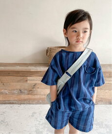 【SALE／30%OFF】aimoha KIDS aimoha KIDS/(K)【aimoha-KIDS-】 韓国子供服 ストライプ柄半袖セットアップ アイモハ トップス カットソー・Tシャツ ネイビー ブラウン