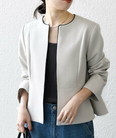 SHIPS any 【WEB限定】SHIPS any:＜洗濯機可能＞ダブルクロス ペプラム ノーカラー ジャケット[NAVY BLUE] シップス ジャケット・アウター ノーカラージャケット ネイビー ベージュ【送料無料】