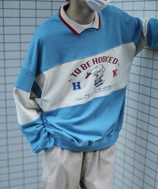 【SALE／20%OFF】HOOK 【HOOK -original- 】アメカジイラストプリント切り替えポロ襟スウェット アイモハ トップス スウェット・トレーナー グリーン パープル ブルー【送料無料】