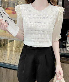 【SALE／30%OFF】miniministore サマーニット 異素材切替 シャツブラウス ミニミニストア トップス シャツ・ブラウス ブラック ホワイト ベージュ