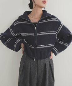 LIAN マルチボーダーダブルジッププルオーバ- リアン トップス ニット グレー ネイビー ホワイト ブラウン【送料無料】