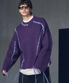 MAISON SPECIAL Oni-Waffle Crazy Stitch Embroidery Prime-Over Crew Neck Knit Pullover メゾンスペシャル トップス ニット ブラック グリーン パープル【送料無料】