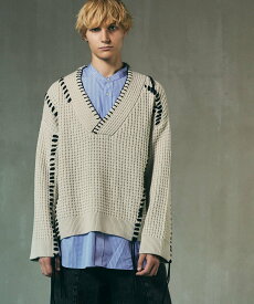【SALE／30%OFF】MAISON SPECIAL Oni-Waffle Embroidery Prime-Over V-Neck Knit Pullover メゾンスペシャル トップス ニット ブラック グリーン パープル【送料無料】