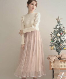 【SALE／5%OFF】Couture Brooch 【S-LL/キラキラリブニット】チュールドッキング ワンピース クチュールブローチ ワンピース・ドレス その他のワンピース・ドレス ブラック ホワイト ピンク【送料無料】