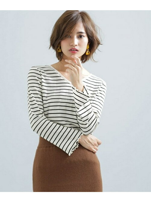 Nano Universe Vネックメローマルチボーダーカットトップス