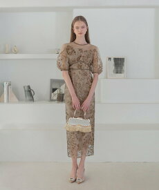 【SALE／20%OFF】Leja LEJA-フラワーディテールパフスリーブIラインワンピースドレス結婚式 レジャ ワンピース・ドレス ドレス ベージュ グレー【送料無料】