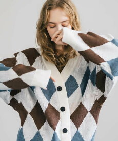 【SALE／27%OFF】Rocky Monroe オーバーサイズ 総柄Vネックニットカーディガン ロッキーモンロー トップス カーディガン ブラウン ネイビー ホワイト ブルー グレー ブラック ベージュ【送料無料】