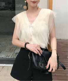 【SALE／30%OFF】Jasmine Grandiflorum Jasmine Grandiflorum/(W)【Jasmine】チュールドッキングVネックニットトップス アイモハ トップス ニット ベージュ ホワイト ピンク ブラック