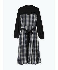 Re-J&SUPURE ウエストリボン付きチェック柄ドッキングワンピース リジェイアンドスプル ワンピース・ドレス ワンピース【送料無料】