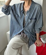 DouDou 袖リブシアーデニムシャツ ドゥドゥ トップス シャツ・ブラウス グレー ピンク ブルー ブラック【…