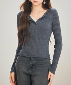 【SALE／50%OFF】SAISON DE PAPILLON 胸元レースリブ編みニットトップス セゾン・ド・パピヨン トップス ニット ブラック ベージュ グレー