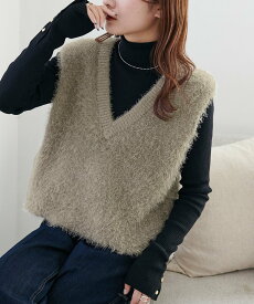 Discoat 【こなれ感UP/365日活躍!】前後2WAYフェザーヤーンショートベスト ディスコート トップス ニット ブラック ブラウン ベージュ ホワイト グレー【送料無料】