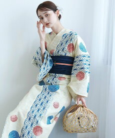 utatane utatane/(W)レディース 浴衣 帯 下駄 3点セット フリーサイズ 【リネン麻混・ 紺色の麻の葉と鞠】 ウタタネ 着物・浴衣・和装小物 浴衣 ブルー【送料無料】